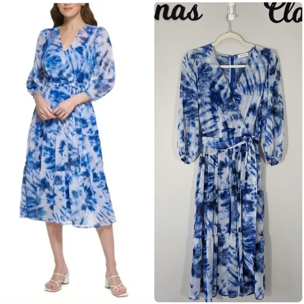 Calvin Klein Blue Tie-Dye Metallic Wrap Tiered Midi Dress Size 4‎ NWOT